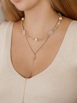 rožinis kvarcas, prehnitas, citrinas, kalnų krištolas, upiniai perlai