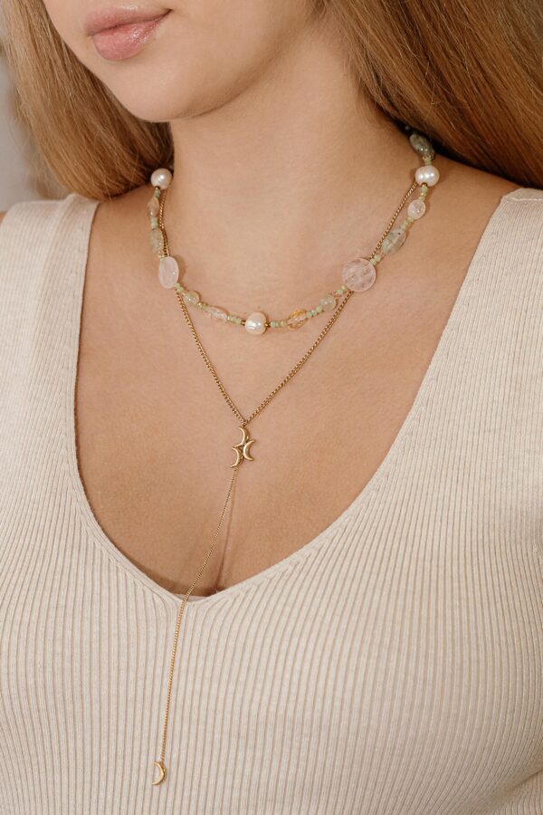 rožinis kvarcas, prehnitas, citrinas, kalnų krištolas, upiniai perlai