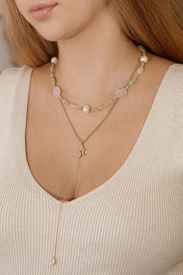 rožinis kvarcas, prehnitas, citrinas, kalnų krištolas, upiniai perlai